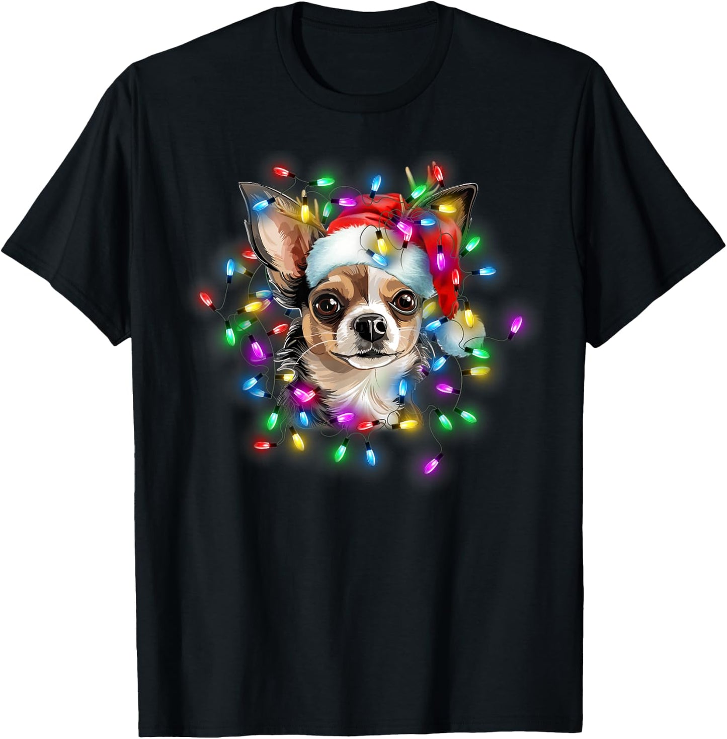 Cute Chihuahua Santa Hat Christmas Light Xmas T-Shirt - T-Shirt | Black