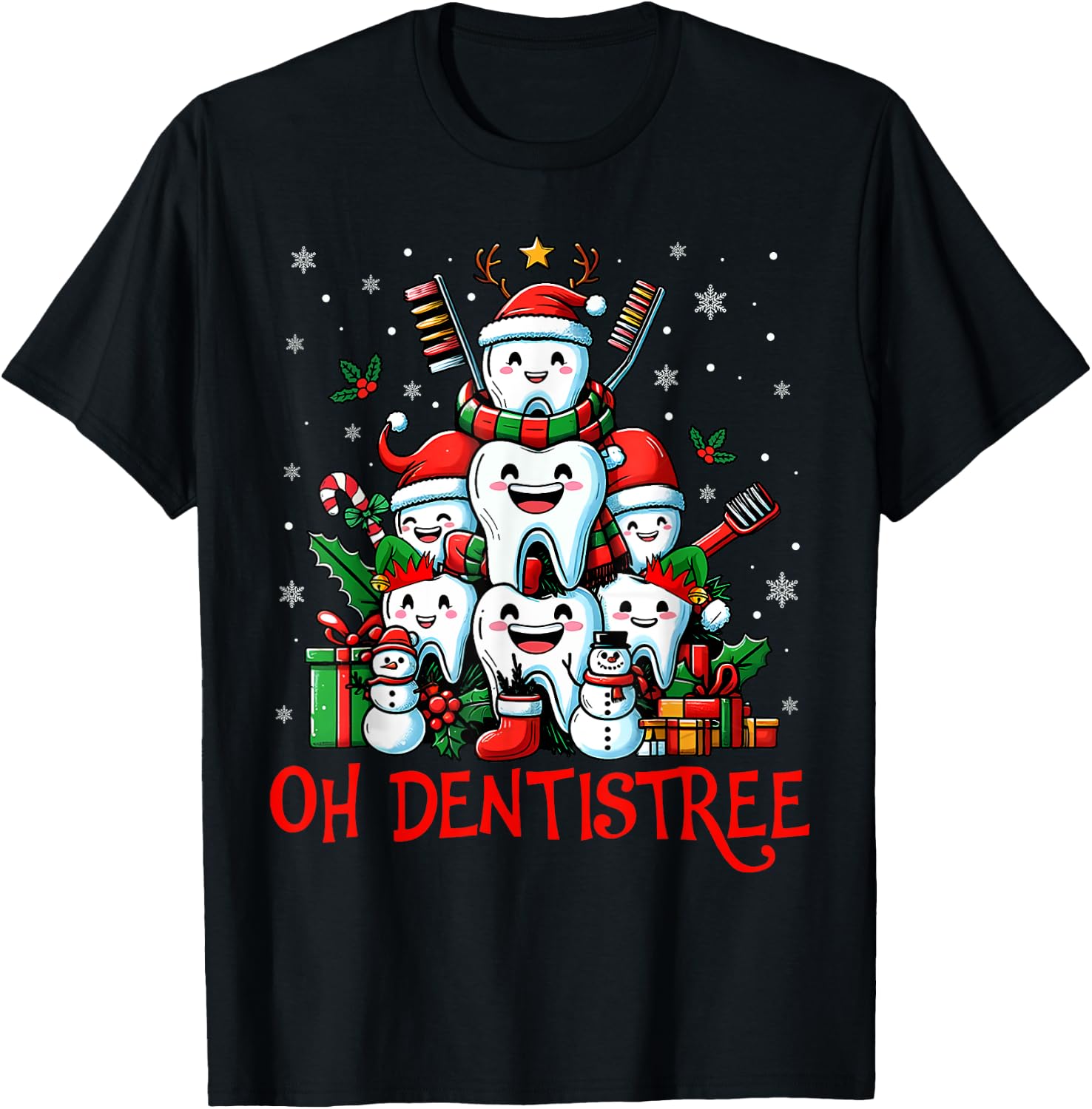 Oh Dentistree Teeth Dentistry Dental Dentist Christmas Tree T-Shirt - T-Shirt | Black