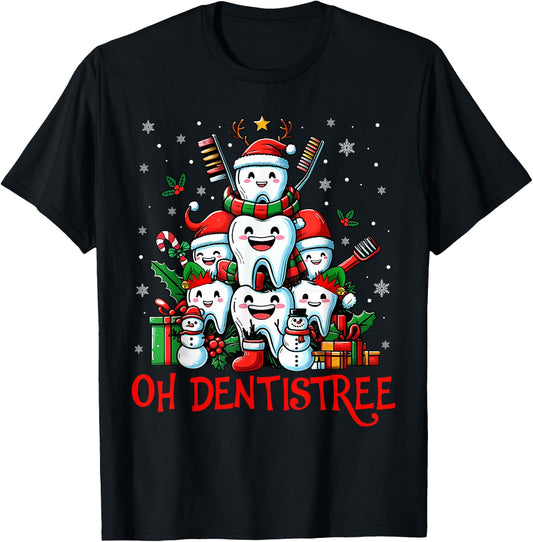 Oh Dentistree Teeth Dentistry Dental Dentist Christmas Tree T-Shirt - T-Shirt | Black