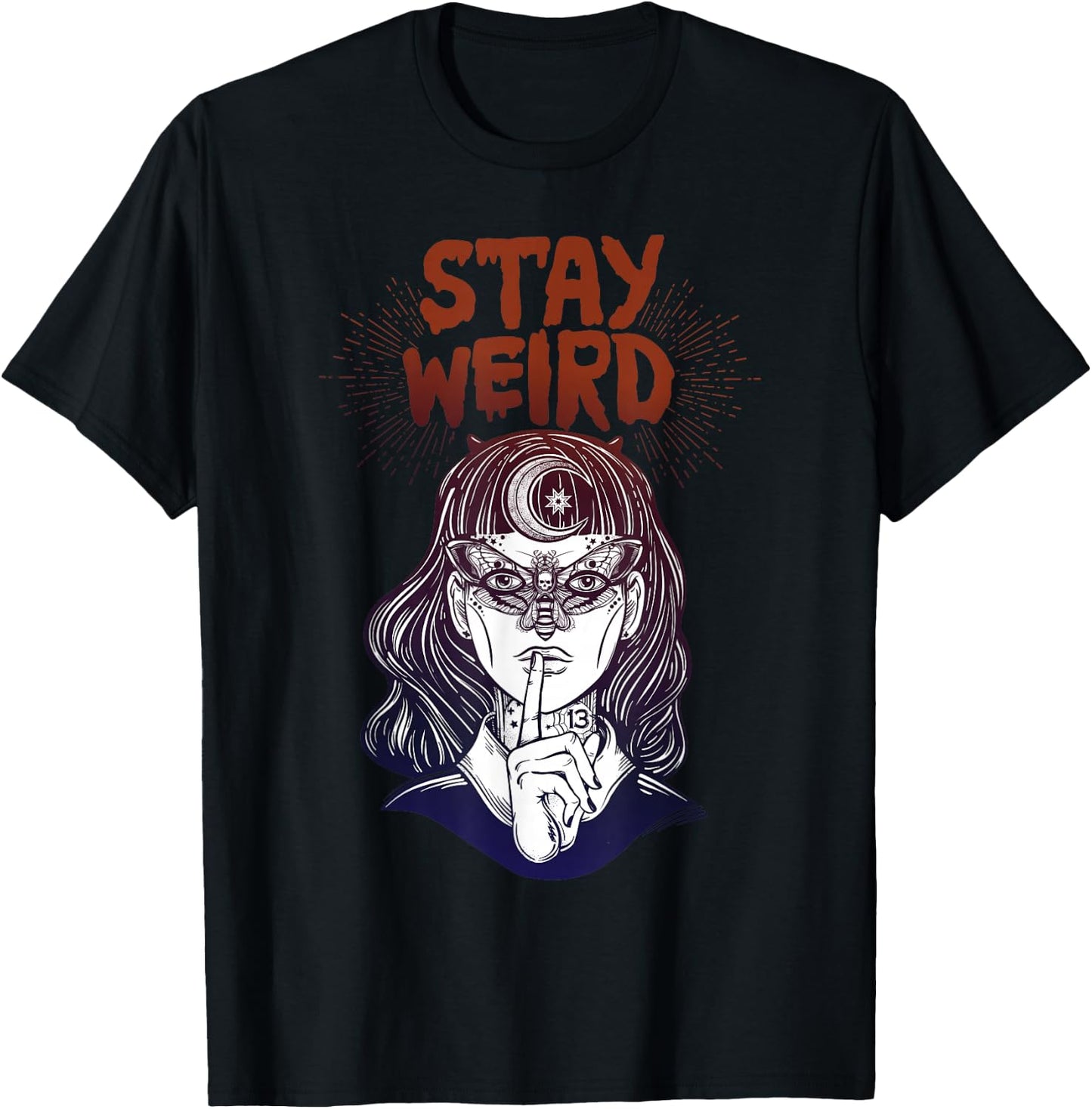 Hand Drawn Witch Girl with Butterfly Stay Weird T-Shirt - T-Shirt | Black