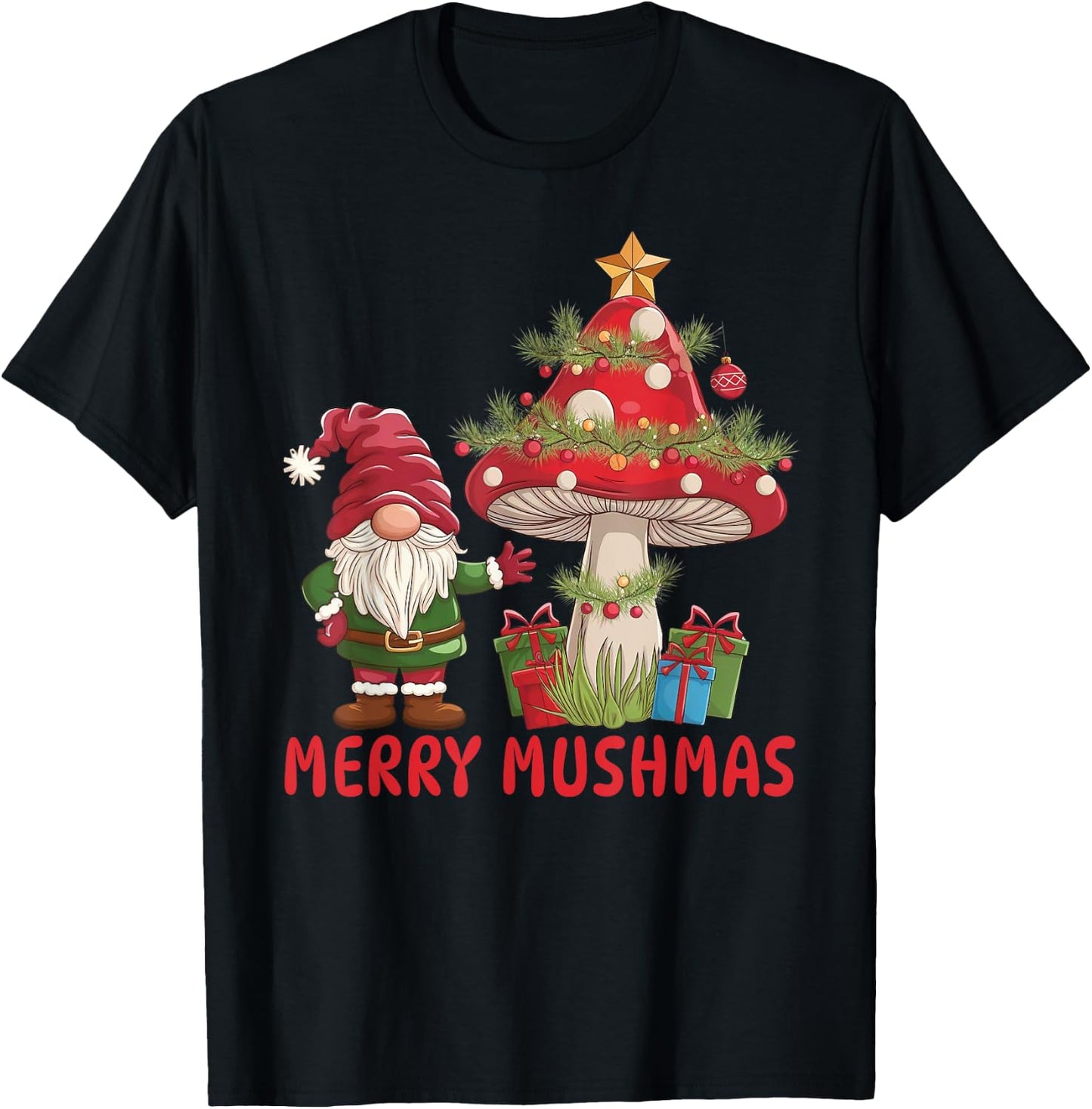 Merry Mushmas, Funny Christmas Gnome Mushroom T-Shirt - T-Shirt | Black