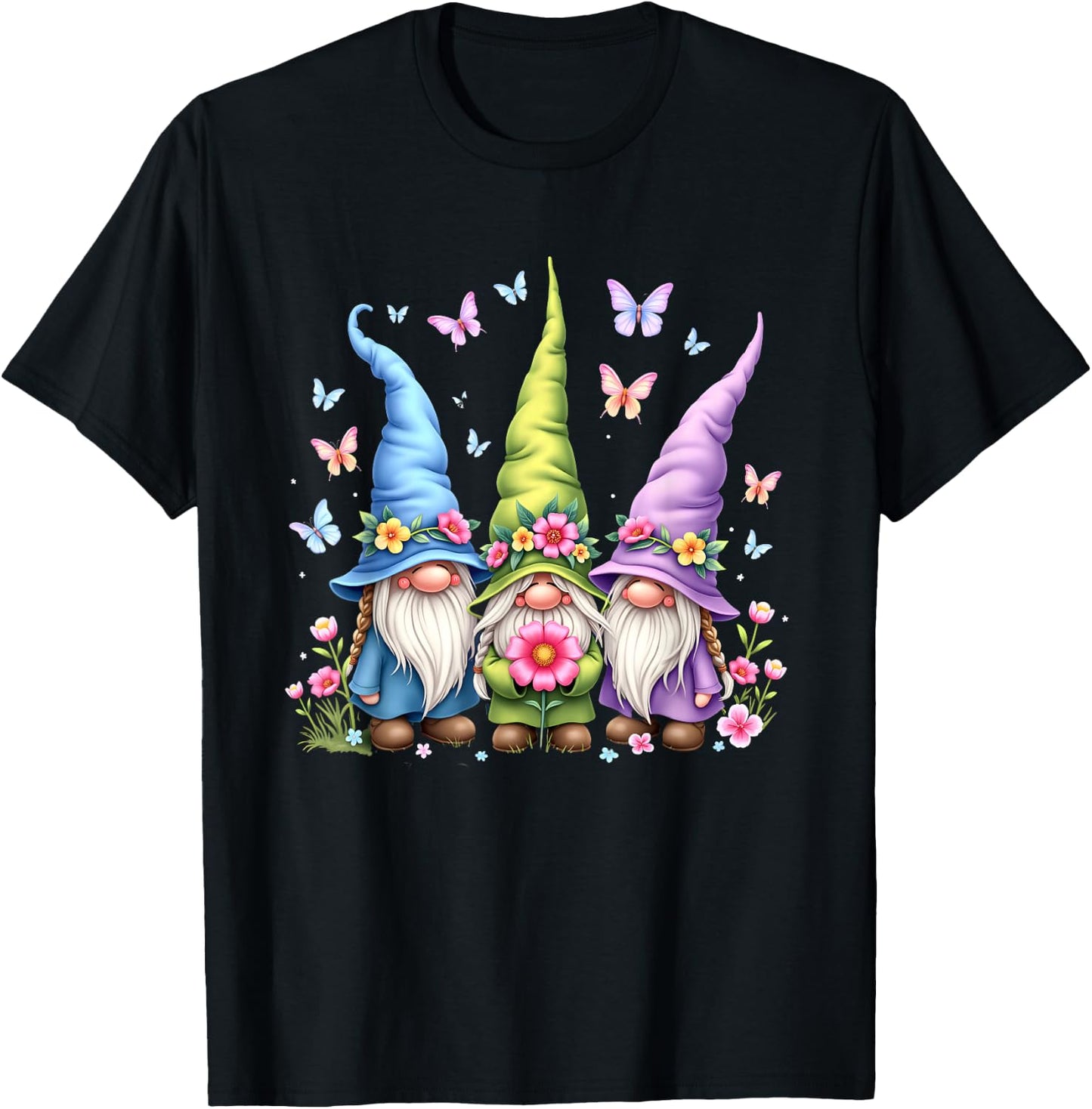 Whimsical Gnome Trio with Flowers and Butterflies T-Shirt - T-Shirt | Black