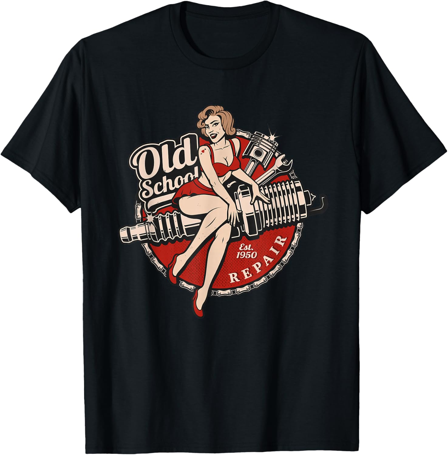 Spark Plug Pinup Mechanic T-Shirt - T-Shirt | Black