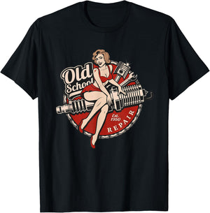 Spark Plug Pinup Mechanic T-Shirt - T-Shirt | Black