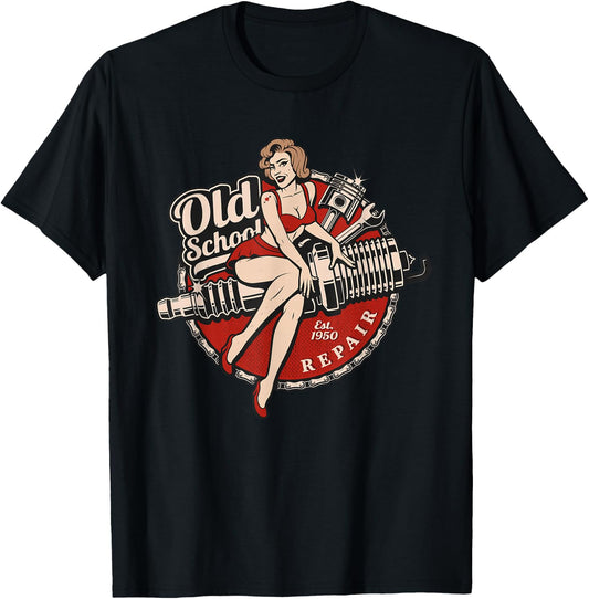 Spark Plug Pinup Mechanic T-Shirt - T-Shirt | Black
