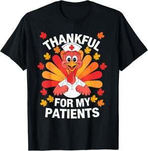 Thankful For Patients Turkey Nurse Thanksgiving Fall Scrub T-Shirt - T-Shirt | Black