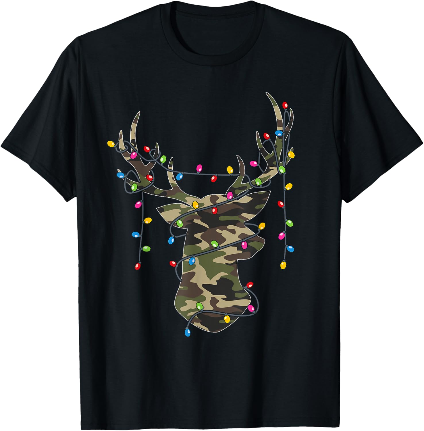 Christmas Holiday Camo Hunting Reindeer Deer Xmas Lights T-Shirt - T-Shirt | Black