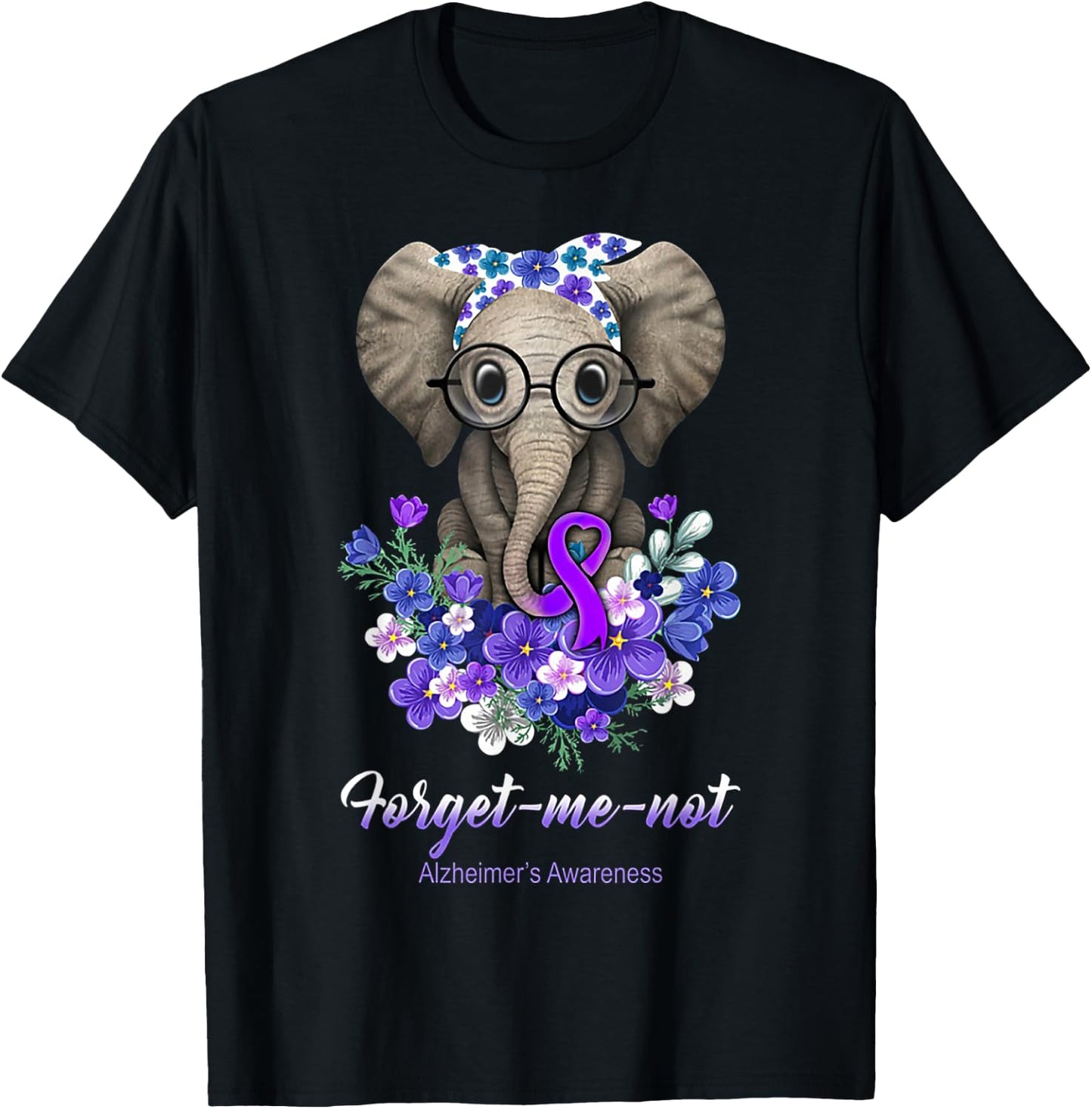 Forget me not Alzheimer's Awareness Elephant Flower T-Shirt - T-Shirt | Black