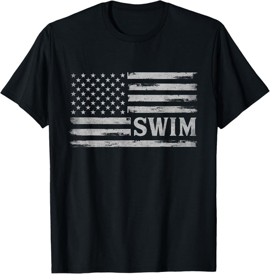 Swim Grey Vintage USA Flag Swimmer Coach T-Shirt - T-Shirt | Black