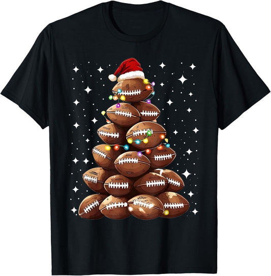 Santa Sports Christmas Tree Lights Football Men Boys Player T-Shirt - T-Shirt | Black