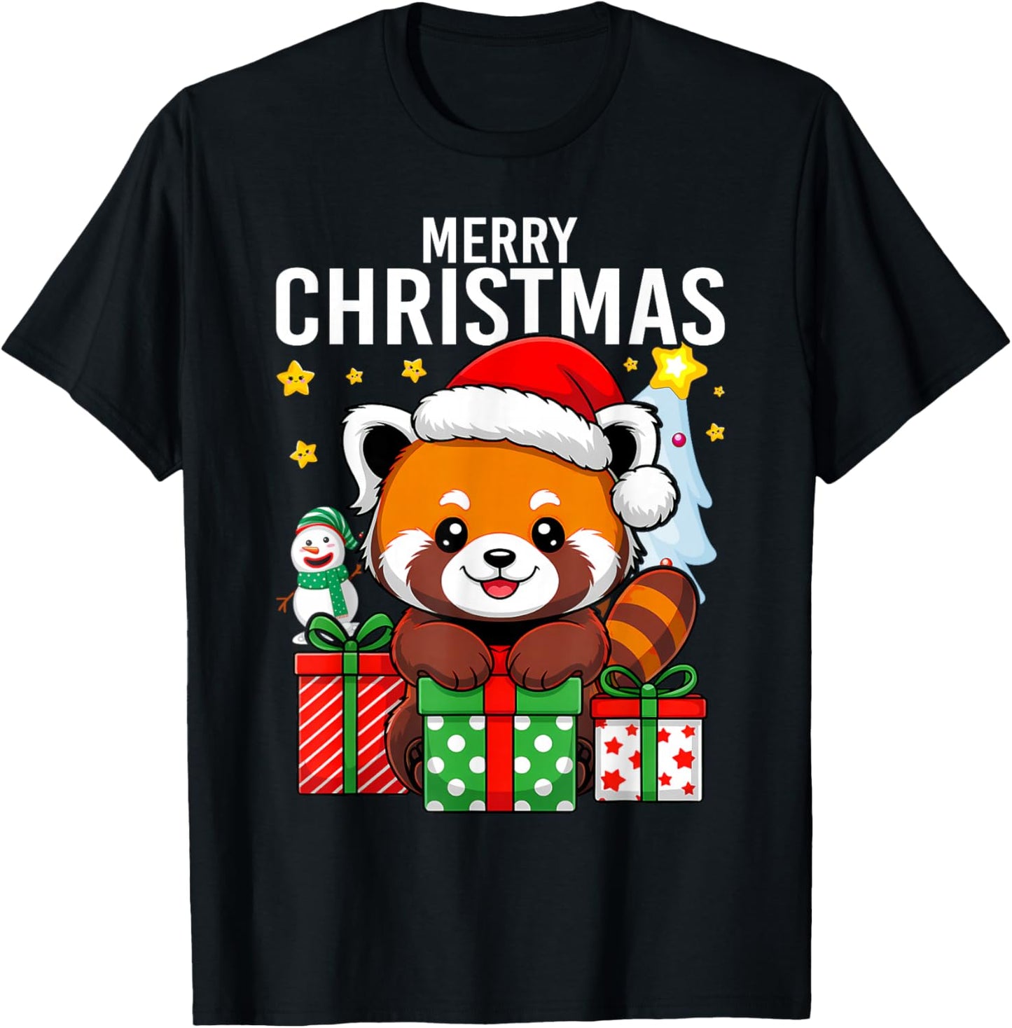 Panda Merry Winter Red Pandas Christmas T-Shirt - T-Shirt | Black