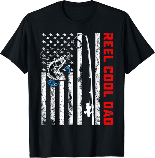 Reel Cool Dad Shirt American Flag Fishing Birthday Gifts T-Shirt - T-Shirt | Black