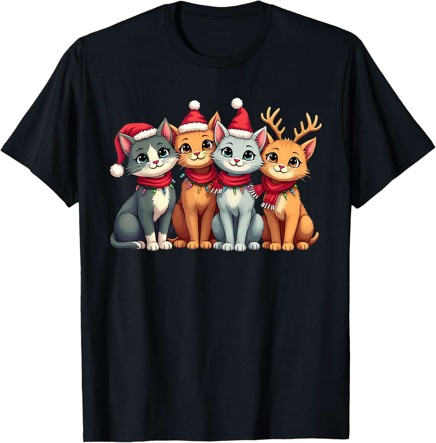 Santa Cat Light Gorgeous Reindeer Pajama Cat Christmas Pj Women Kids T-Shirt - T-Shirt | Black