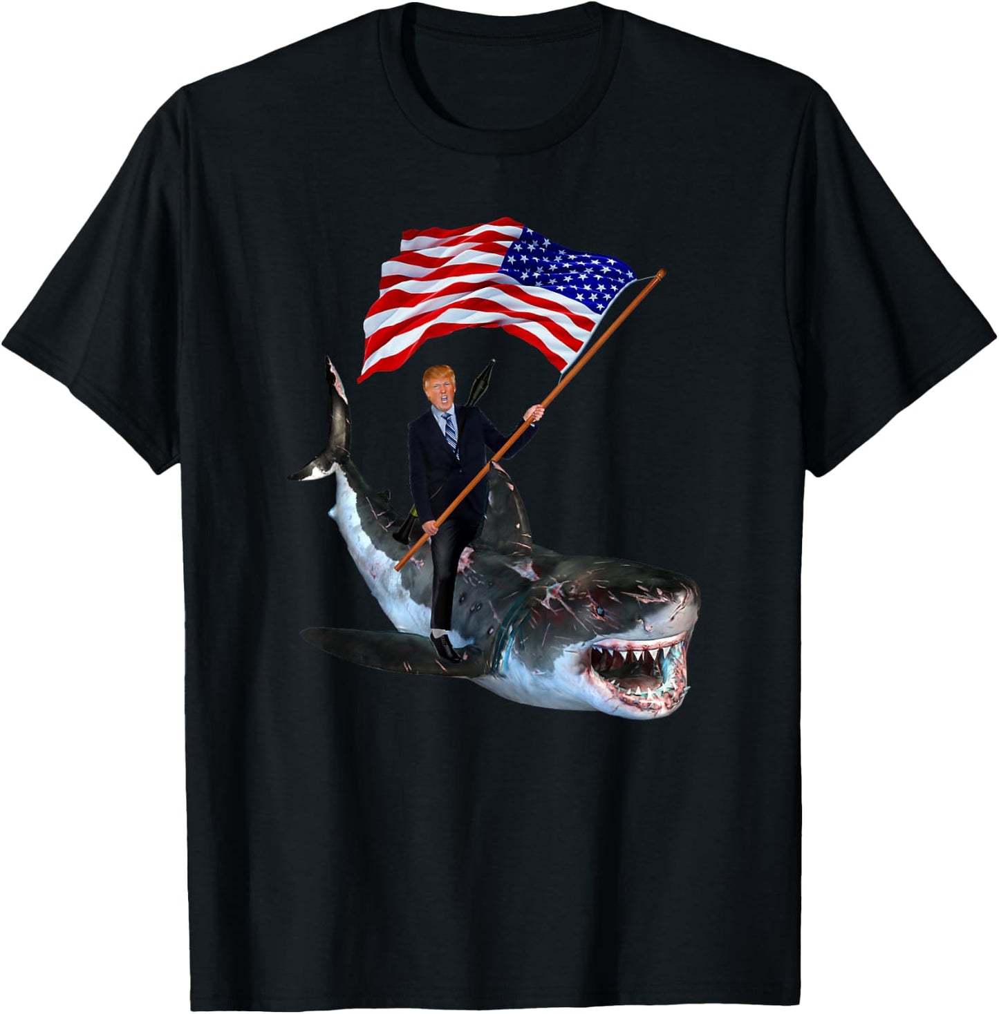 Epic Trump Riding Shark With USA Flag Shirt T-Shirt - T-Shirt | Black