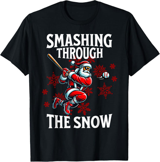 Baseball Christmas Smashing Through The Snow Santa Sports T-Shirt - T-Shirt | Black