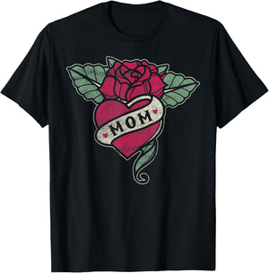 Mom Tattoo Heart Red Rose Motorcycle T-Shirt - T-Shirt | Black