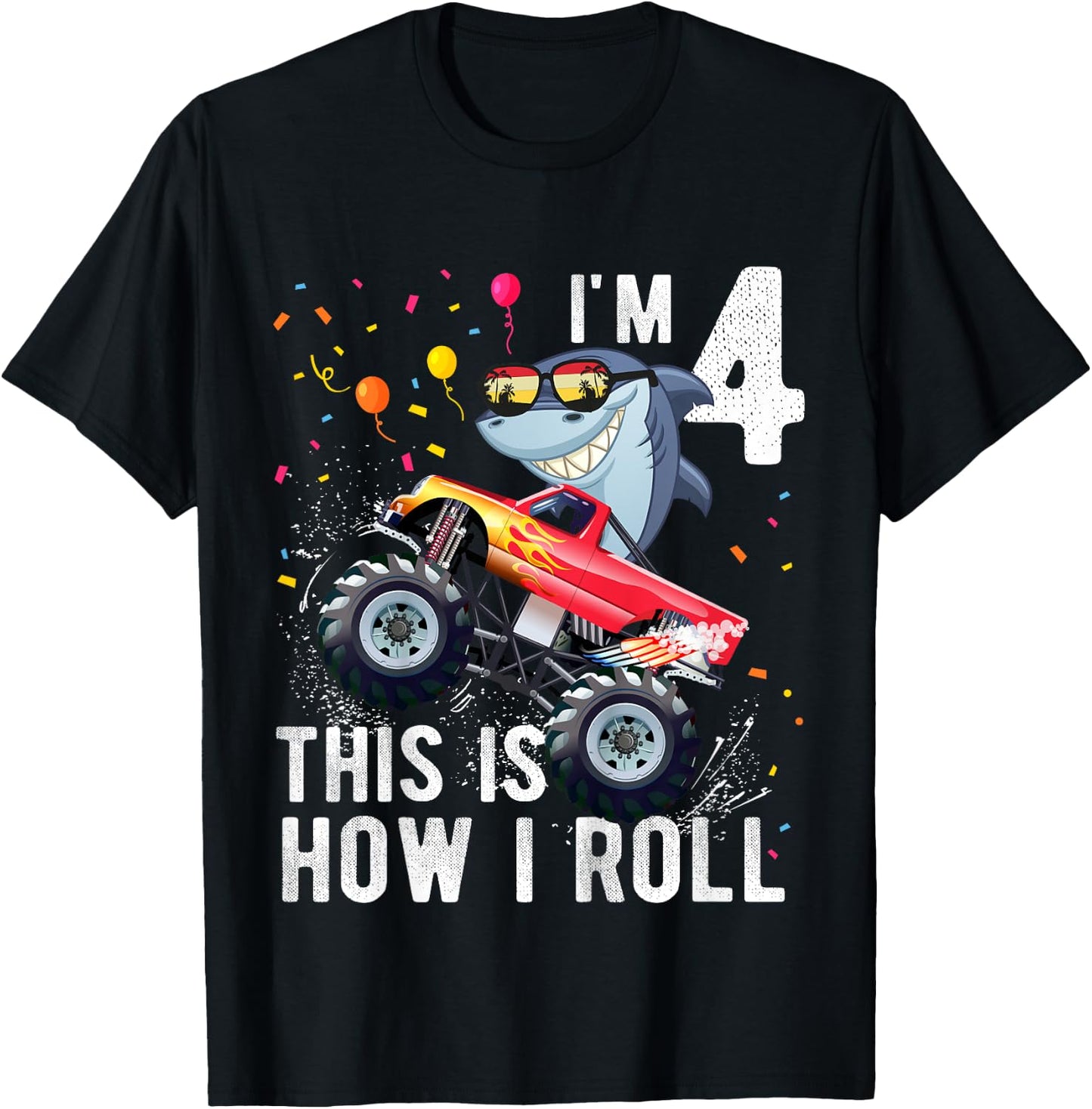 Shark Monster Truck 4th Birthday Boys and Girls T-Shirt - T-Shirt | Black