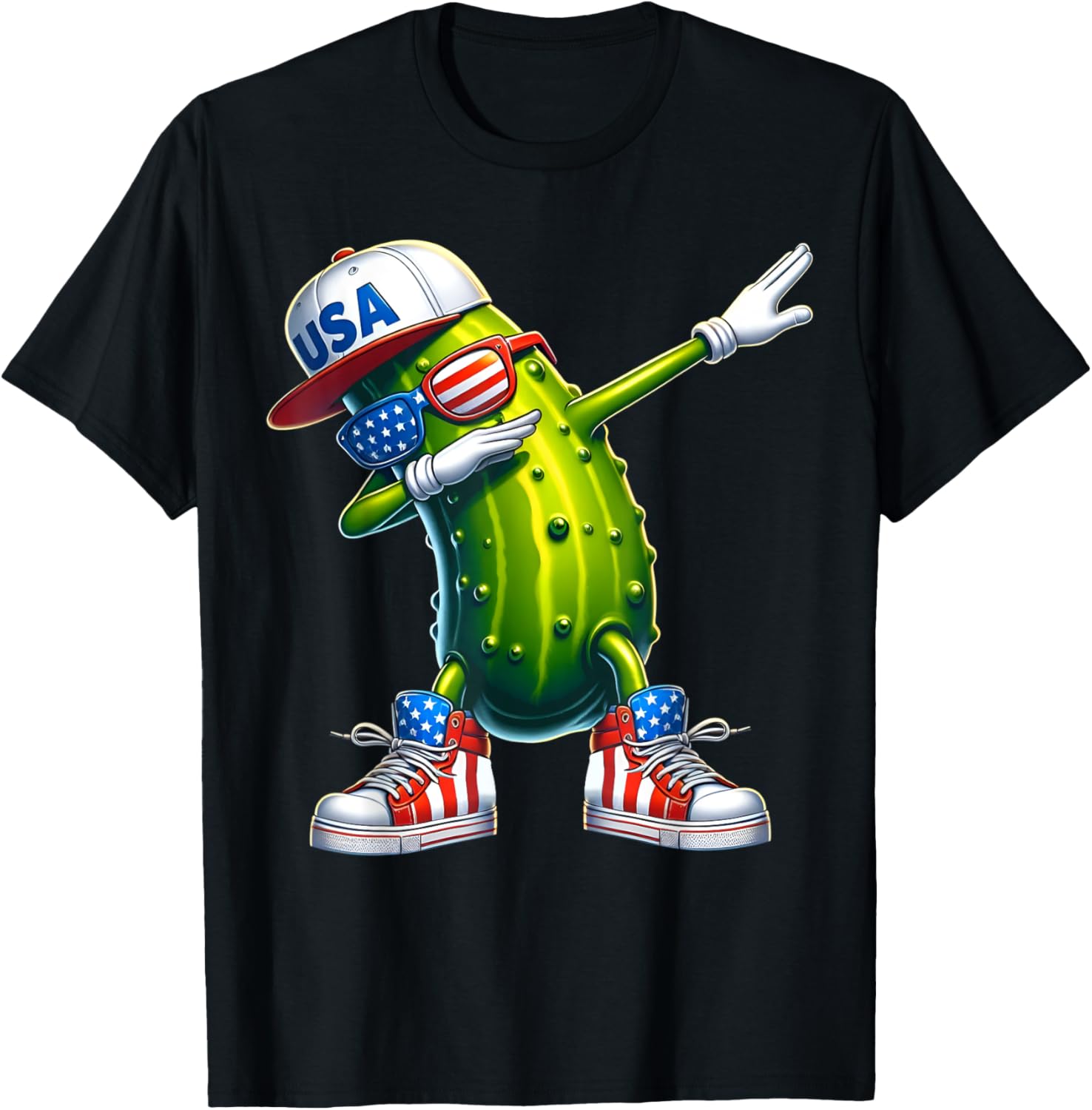 Funny Patriotic Pickle Dabbing Cucumber American 4th of July T-Shirt - T-Shirt | Black