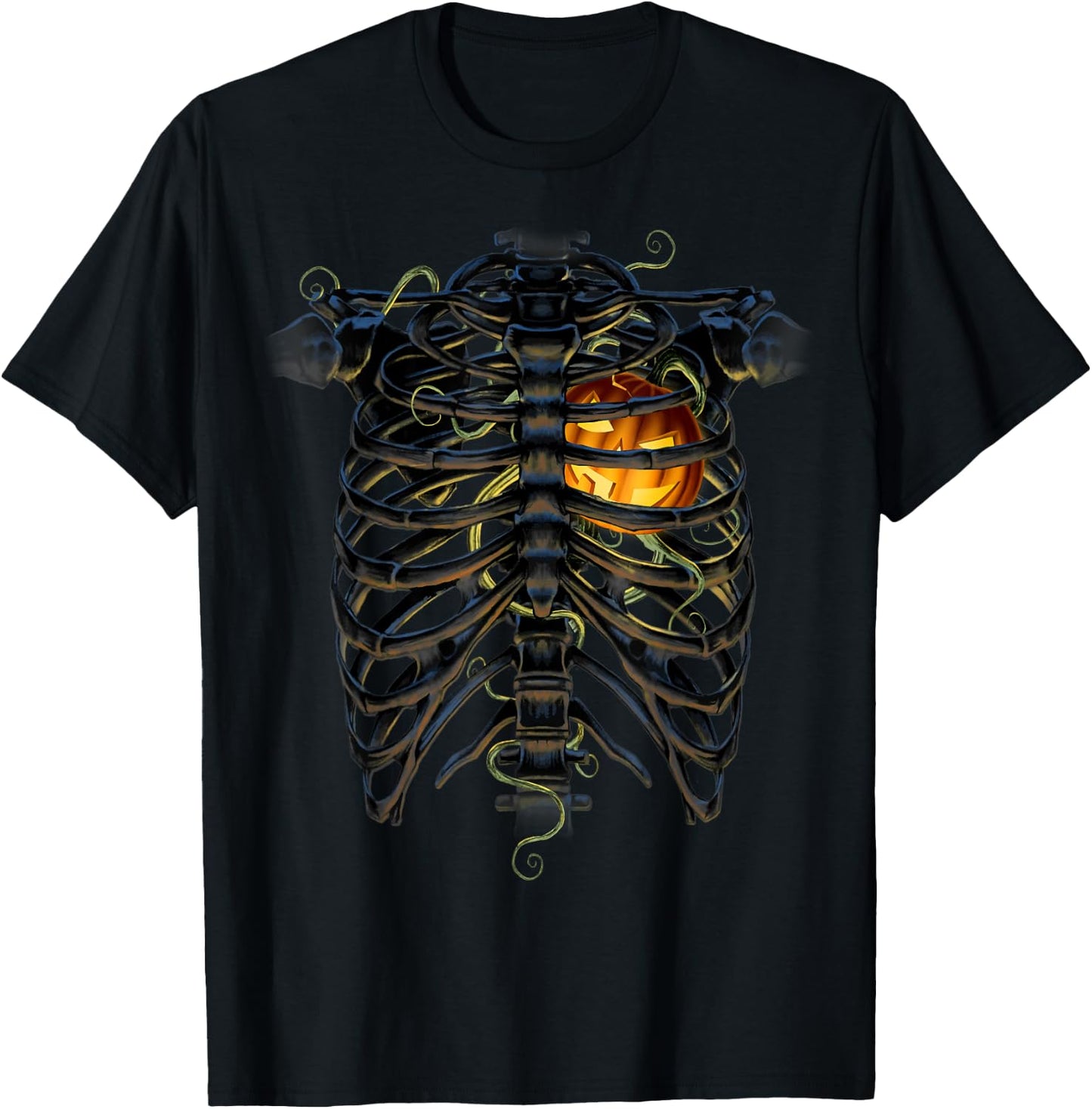 Halloween Skeleton Rib Cage Pumpkin Heart T-Shirt - T-Shirt | Black