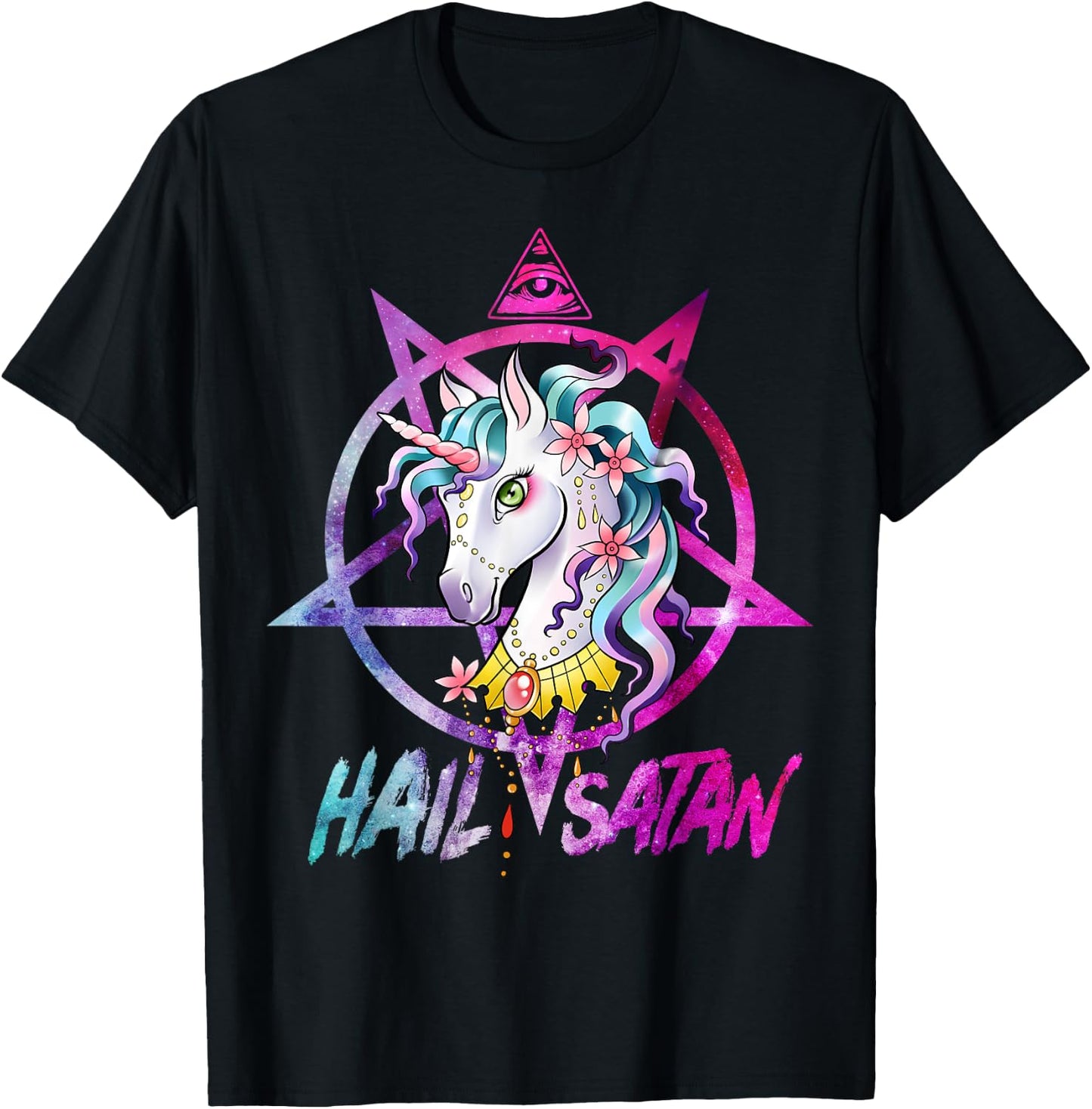 Unicorn Hail Satan Death Metal Rainbow shirt Rave Men Women T-Shirt - T-Shirt | Black