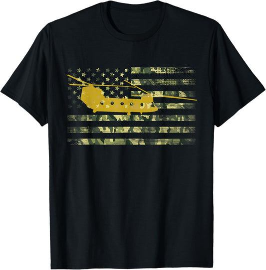 CH-47 Chinook Camo Flag Military Helicopter Shirt T-Shirt - T-Shirt | Black