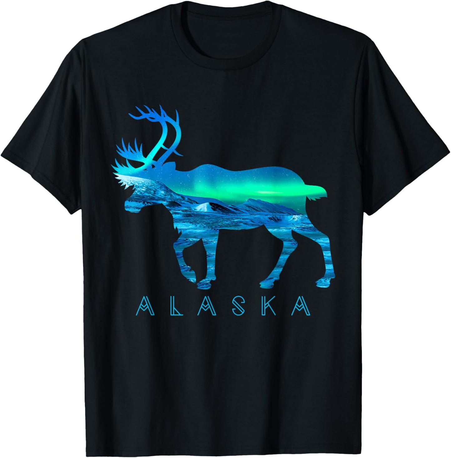 Alaskan Caribou with Aurora Borealis Scene Reindeer Tourist T-Shirt - T-Shirt | Black