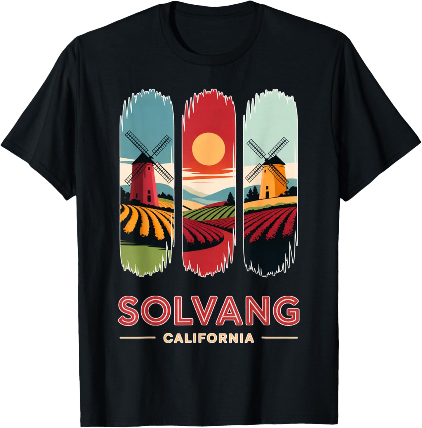 Solvang California Windmills Vintage Travel Landscape Art T-Shirt - T-Shirt | Black