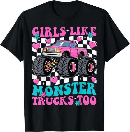Girls Like Monster Trucks Too Groovy Monster Truck Girls T-Shirt - T-Shirt | Black