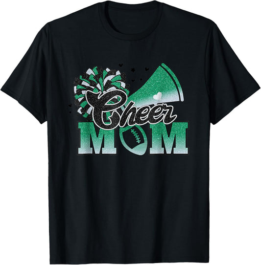 Football Cheer Mom Biggest Fan Cheerleader Black Green White T-Shirt - T-Shirt | Black