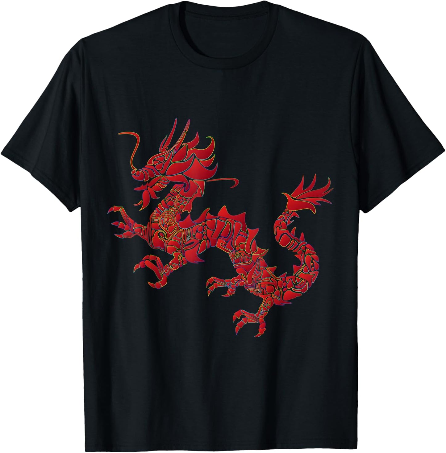 Red Chinese Firedrake Dragon Print Art Wear T-Shirt - T-Shirt | Black