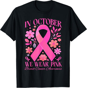 In October We Wear Pink Retro Groovy Breast Cancer Awareness T-Shirt - T-Shirt | Black