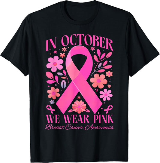 In October We Wear Pink Retro Groovy Breast Cancer Awareness T-Shirt - T-Shirt | Black