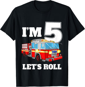 Kids Fire Truck 5th Birthday Boy 5 Year Old Five Firefighter T-Shirt - T-Shirt | Black