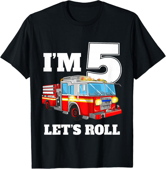 Kids Fire Truck 5th Birthday Boy 5 Year Old Five Firefighter T-Shirt - T-Shirt | Black