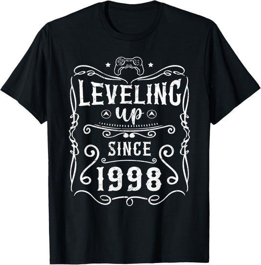 Born in 1998, Vintage Leveling Up Since 1998 Birthday Gamer T-Shirt - T-Shirt | Black