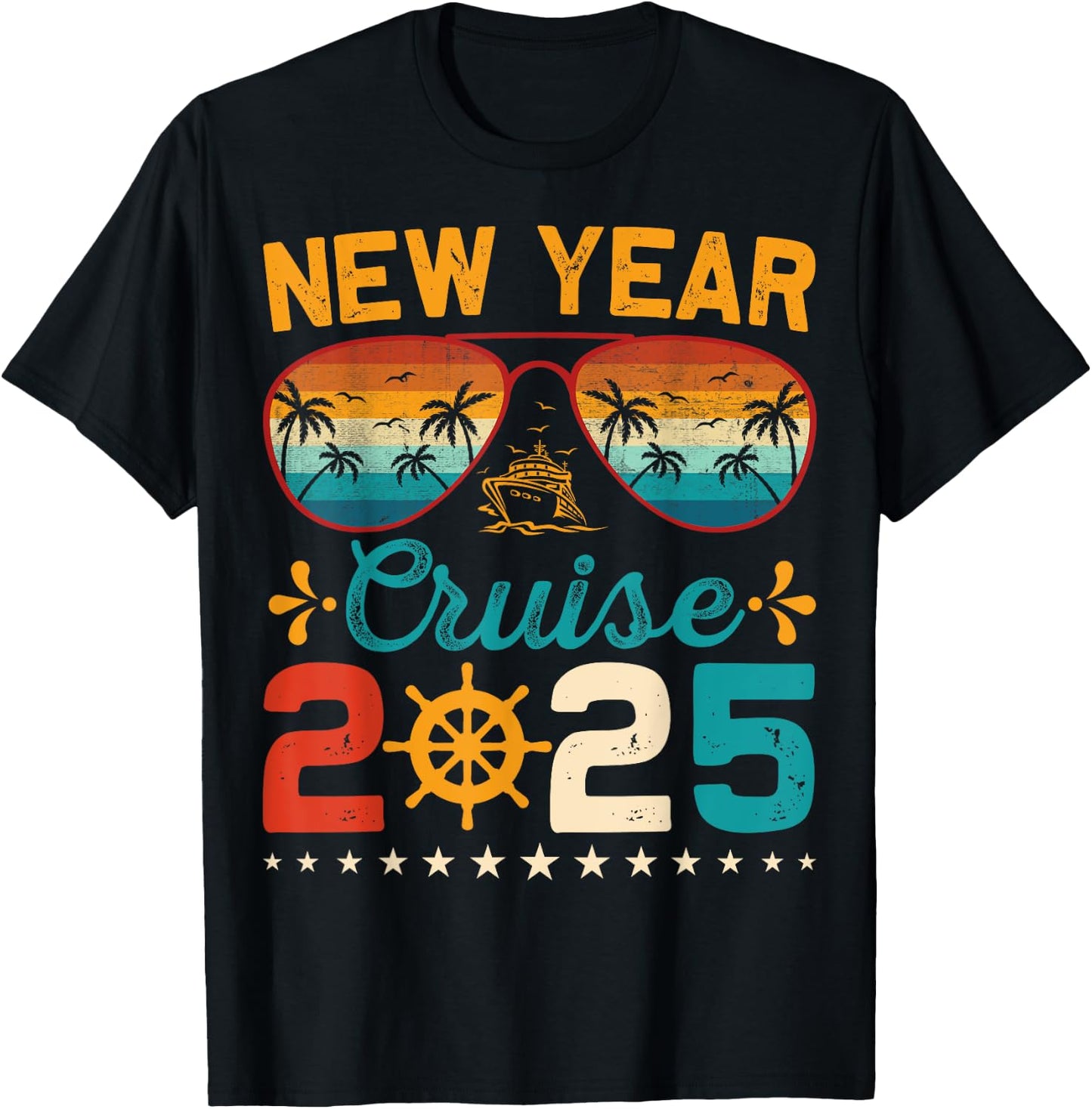Vintage New Year Cruise 2025 Family Matching NYE Celebration T-Shirt - T-Shirt | Black