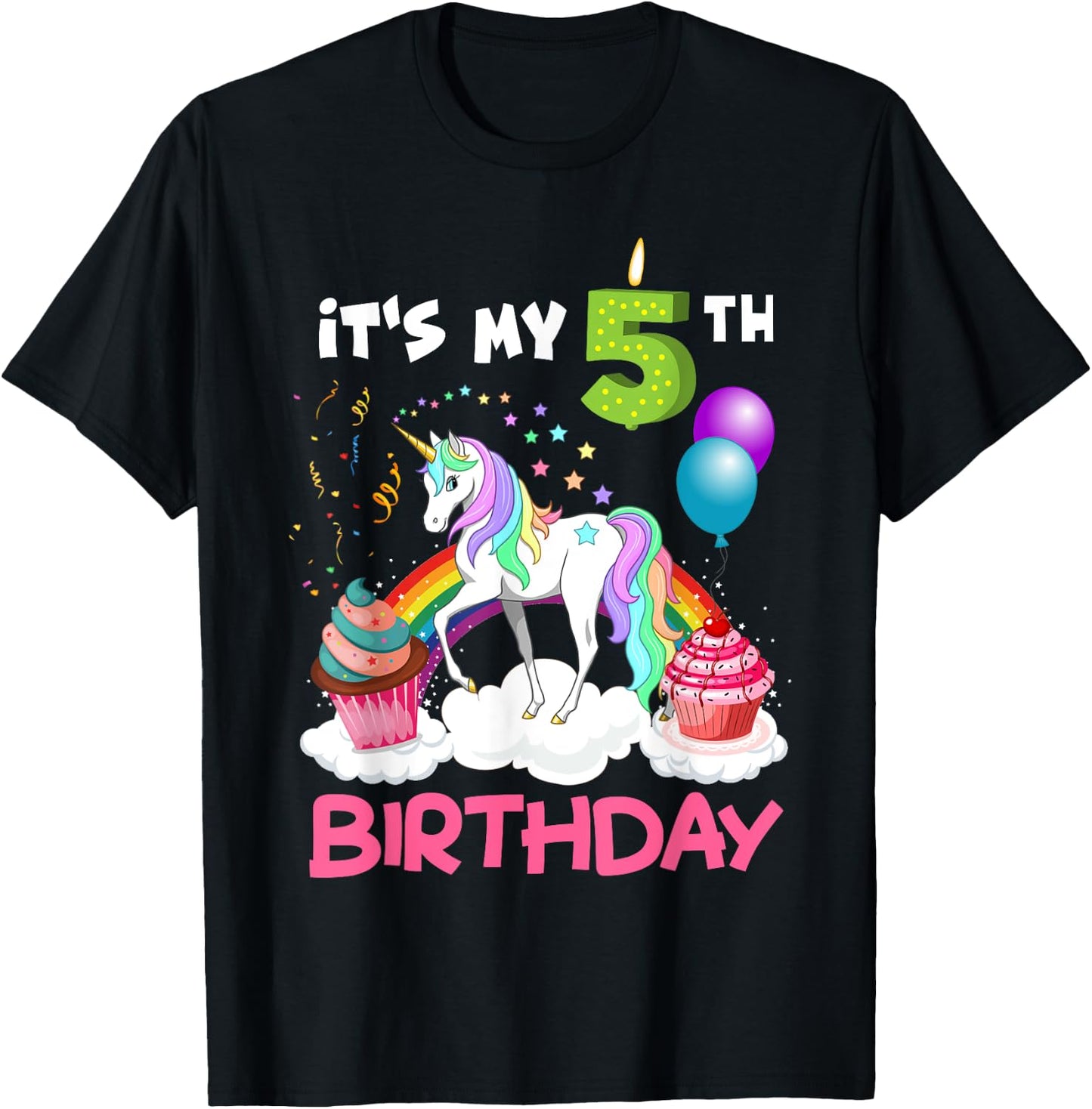 Cute It's My Fifth Birthday Unicorn Five Year Old Girl's T-Shirt - T-Shirt | Black