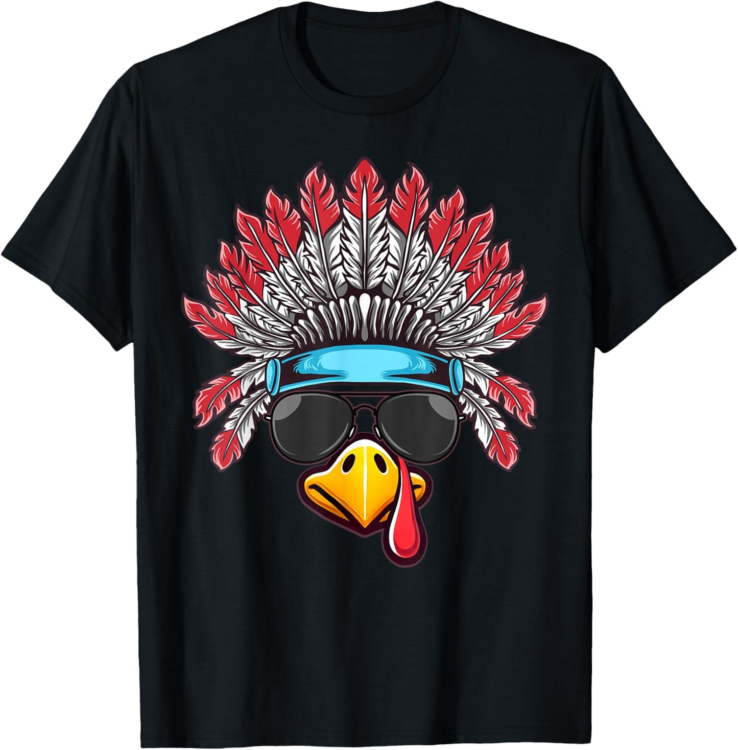 Turkey Face Native American Headdress Thanksgiving T-Shirt - T-Shirt | Black