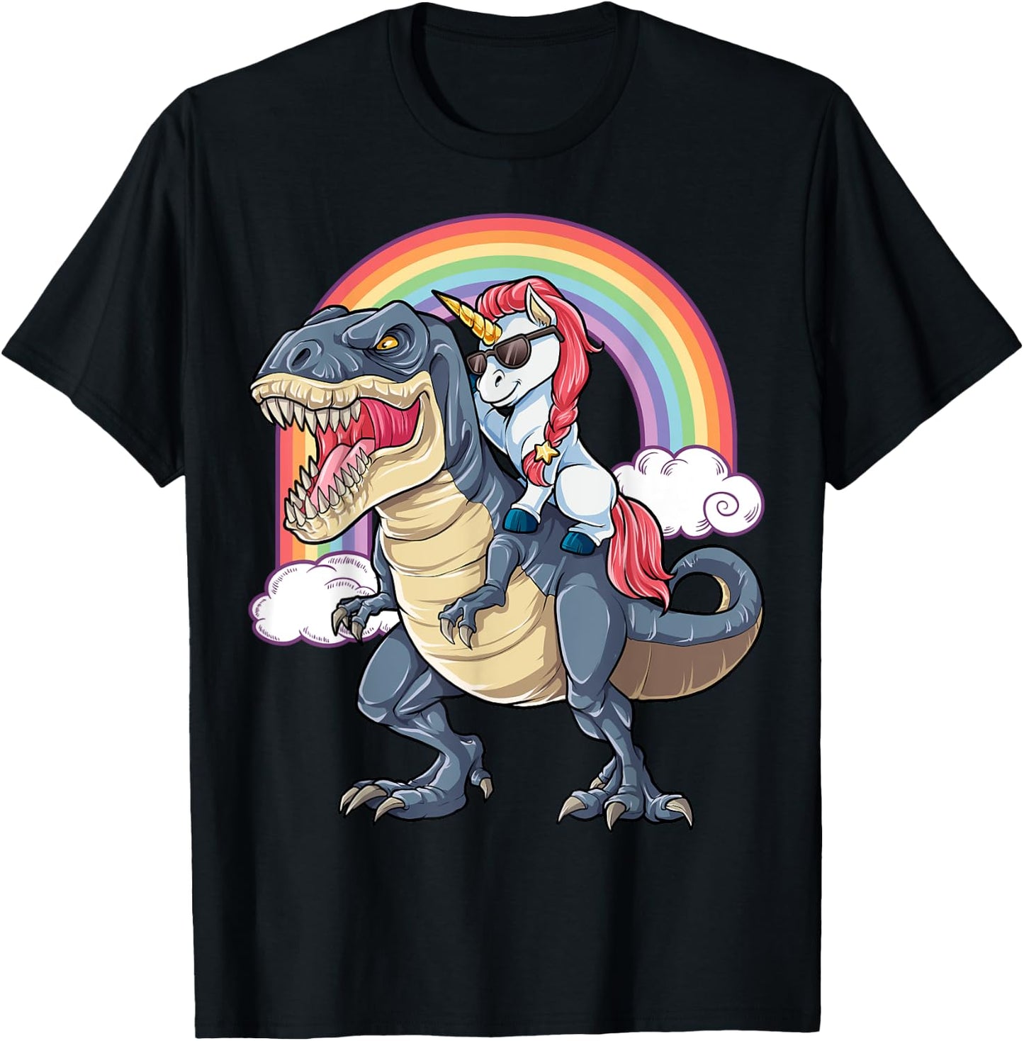 Unicorn Riding Dinosaur T rex Shirt Boys Girls Kids Rainbow T-Shirt - T-Shirt | Black