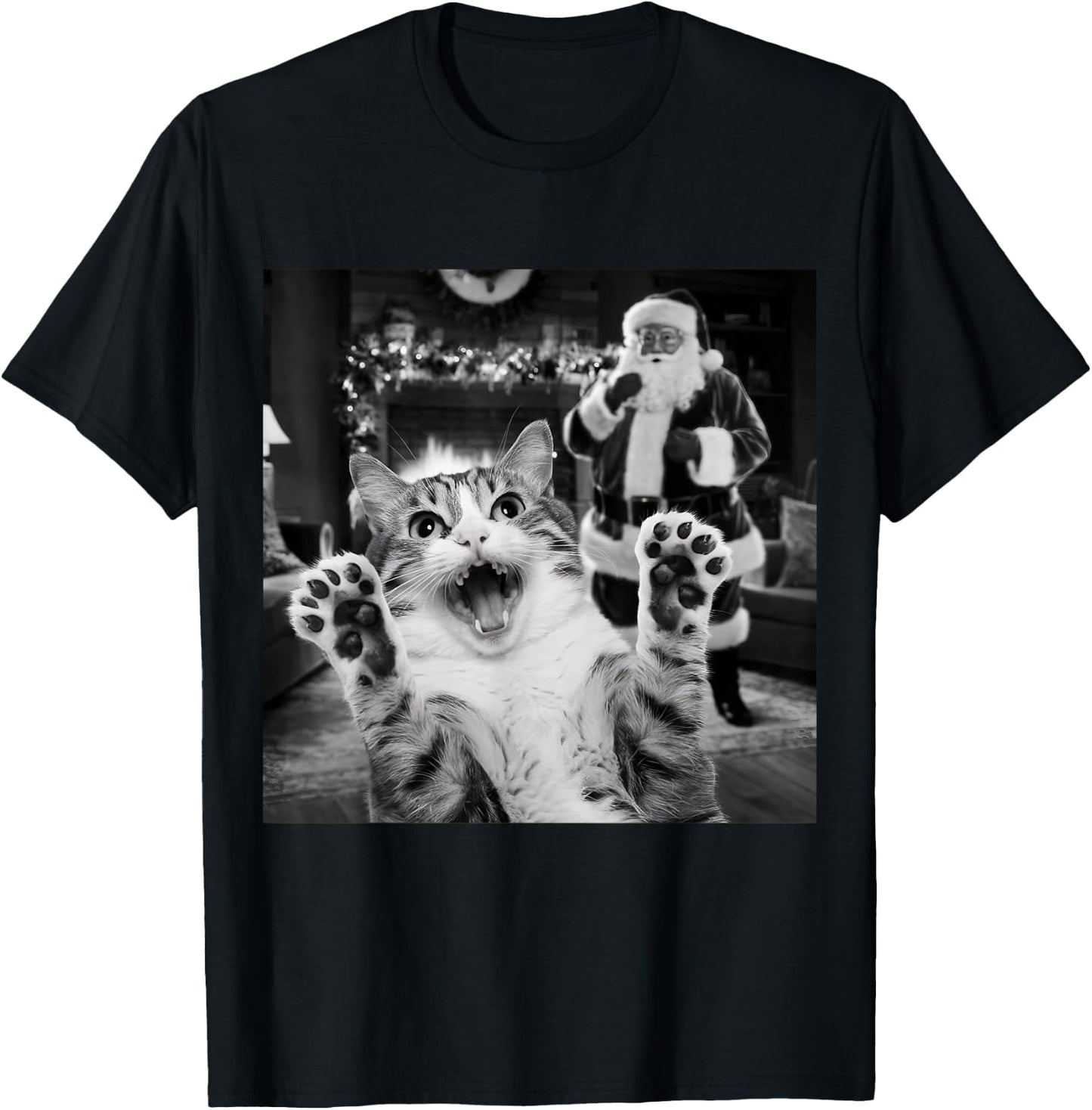 Funny Cat Selfie With Santa Christmas T-Shirt - T-Shirt | Black