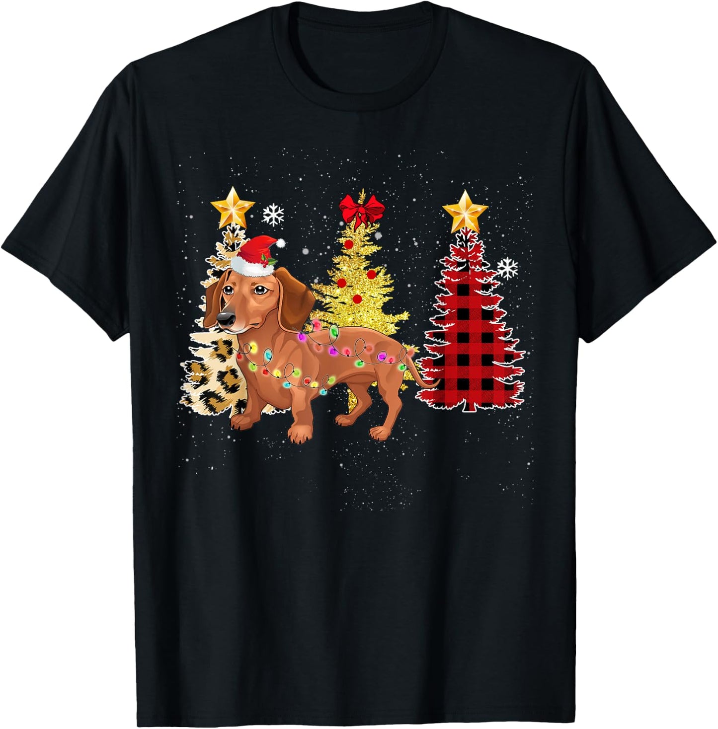 Santa Dachshund Christmas Tree Lights T-Shirt - T-Shirt | Black