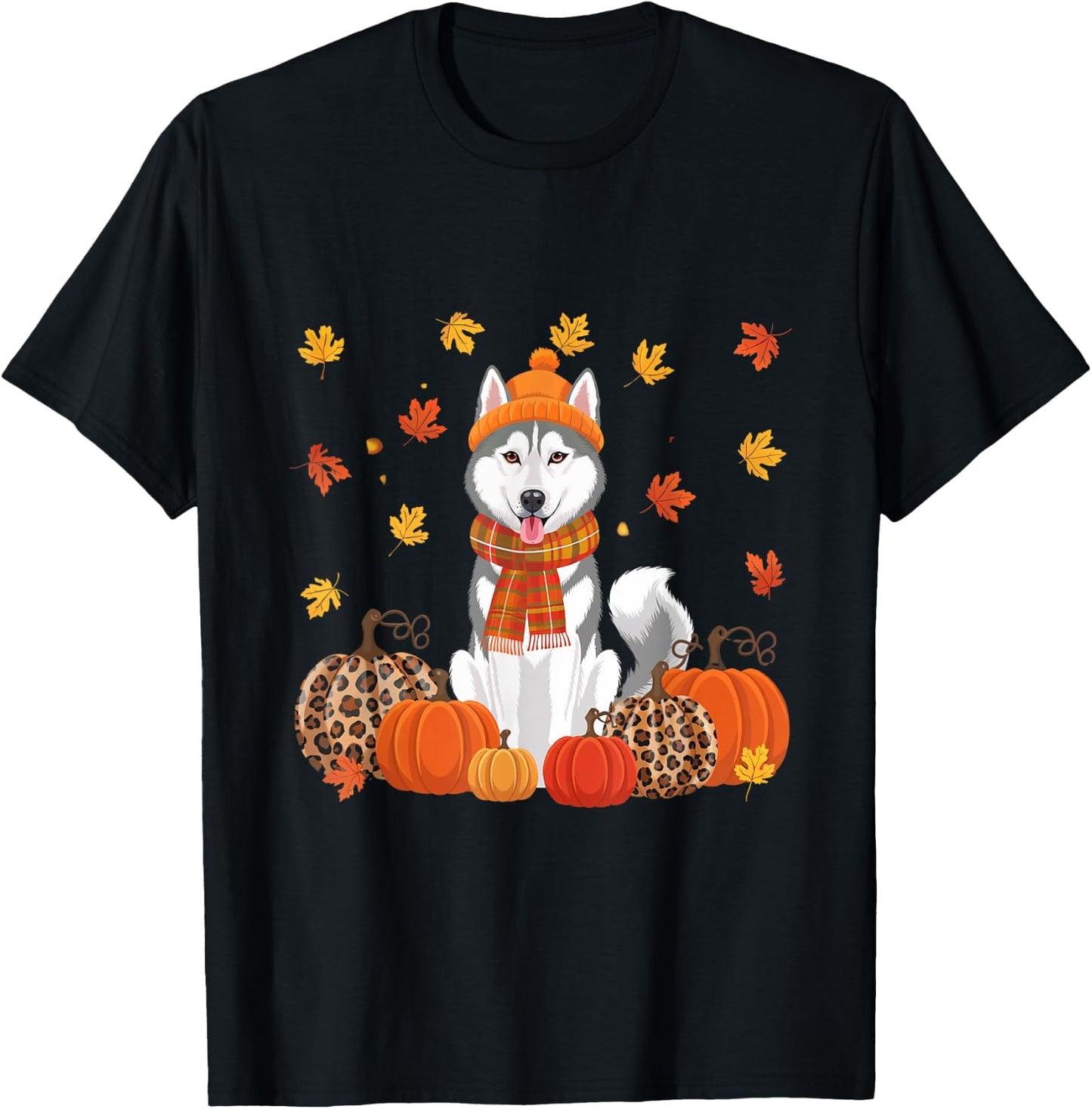 Fall Husky Pumpkins Leaves Autumn Halloween Thanksgiving T-Shirt - T-Shirt | Black