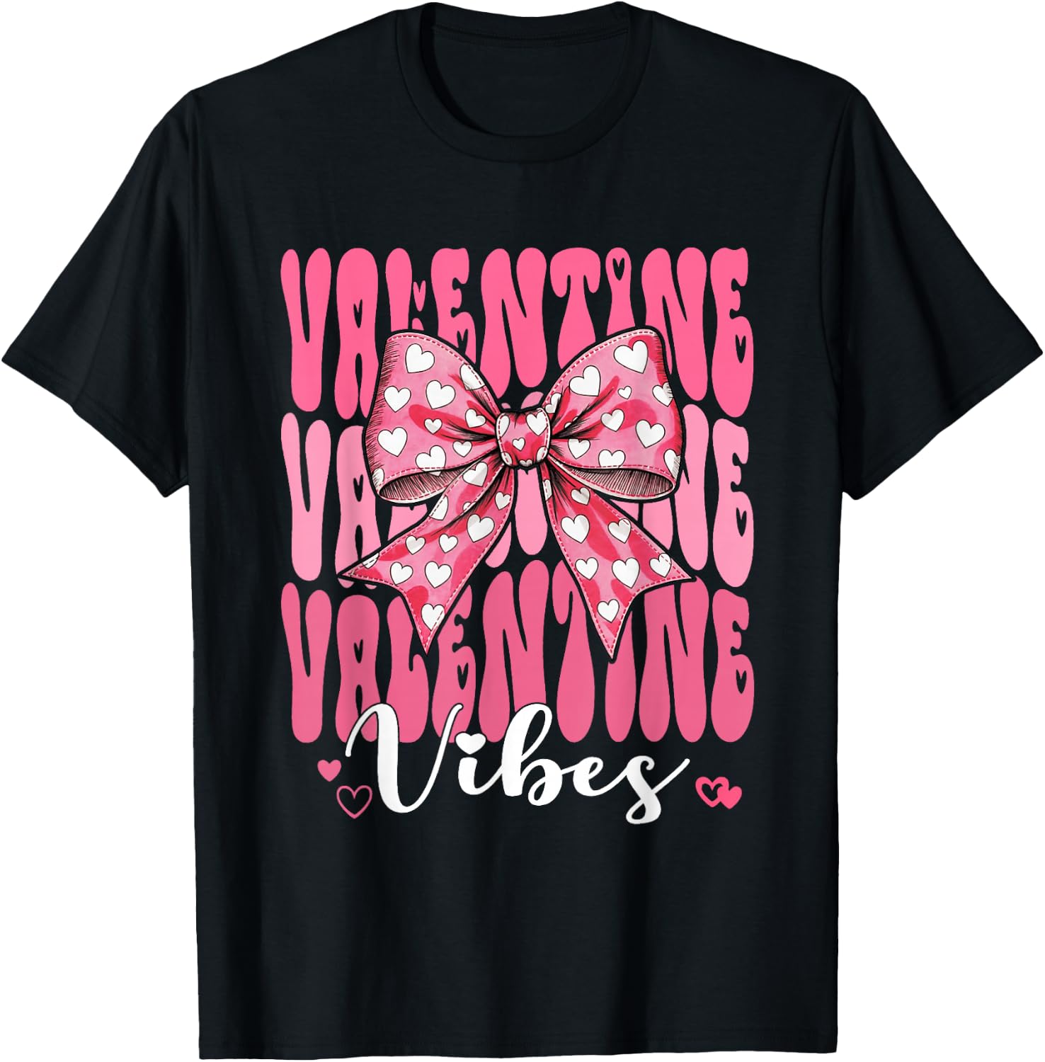 Retro Groovy Heart Coquette Bow Valentine Vibes Women Girl T-Shirt - T-Shirt | Black