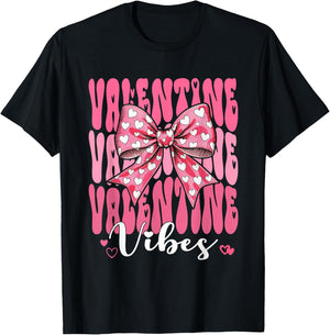 Retro Groovy Heart Coquette Bow Valentine Vibes Women Girl T-Shirt - T-Shirt | Black