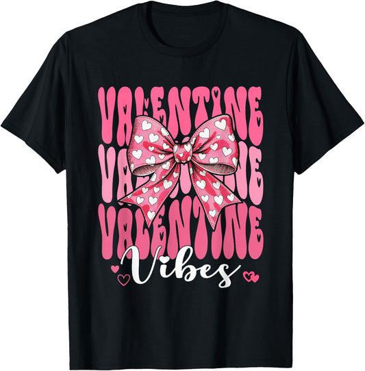 Retro Groovy Heart Coquette Bow Valentine Vibes Women Girl T-Shirt - T-Shirt | Black