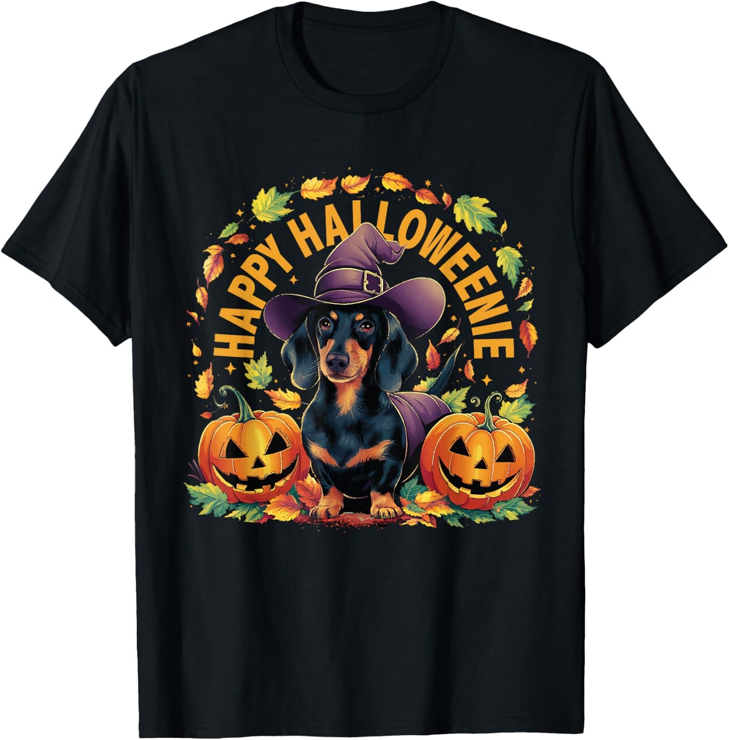 Happy Halloweenie Dachshund Halloween T-Shirt - T-Shirt | Black
