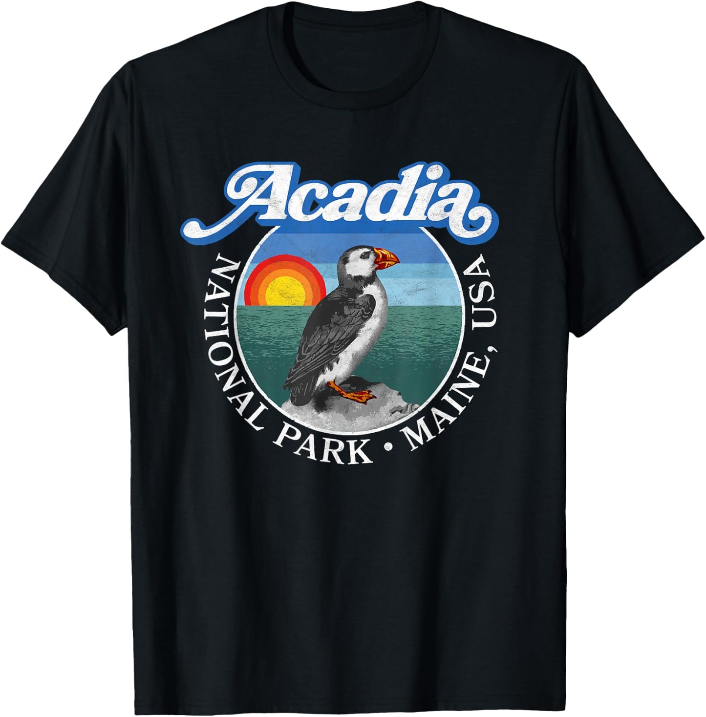 Retro Acadia National Park Vintage Maine Puffin Graphic T-Shirt - T-Shirt | Black