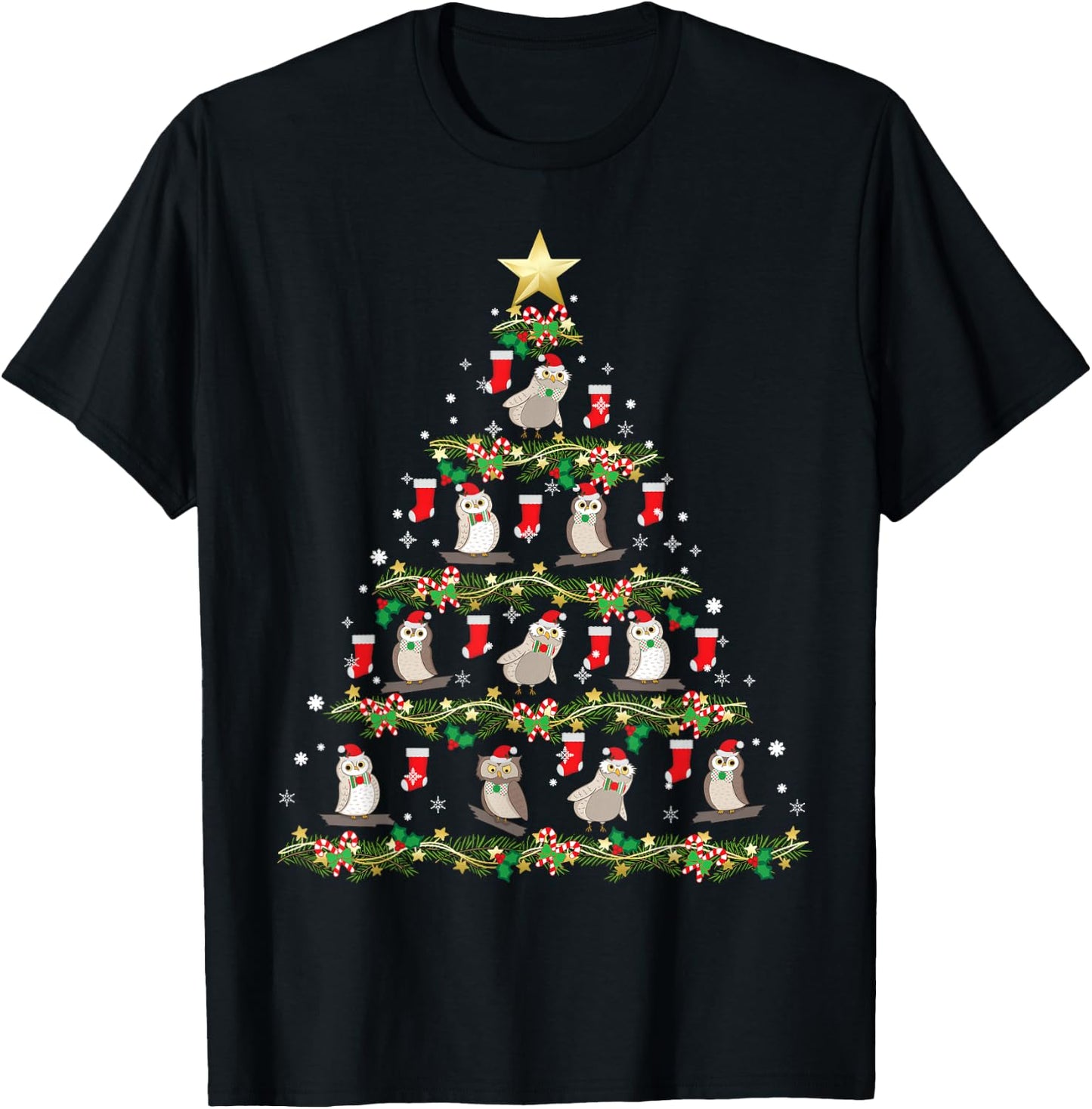Christmas Animals Designs Owl Christmas Tree T-Shirt - T-Shirt | Black