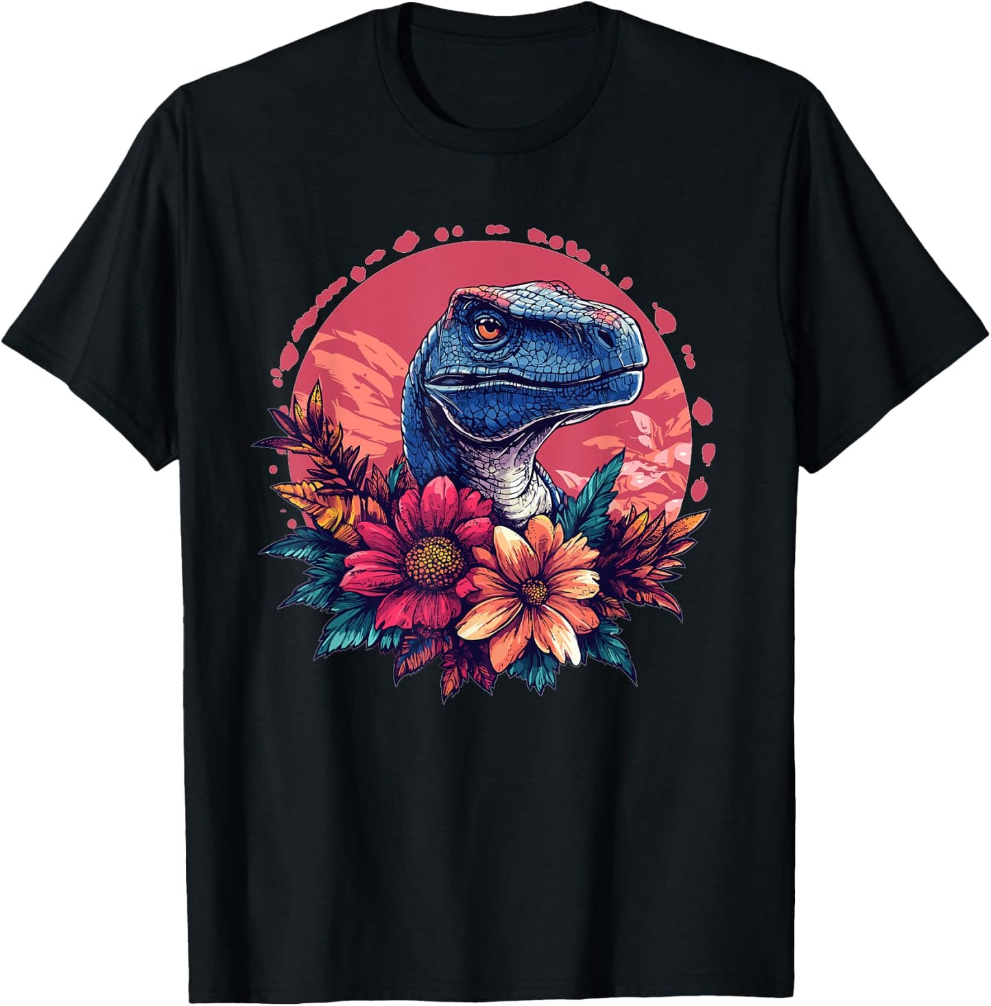 Velociraptor Head With Flowers Sunset T-Shirt - T-Shirt | Black
