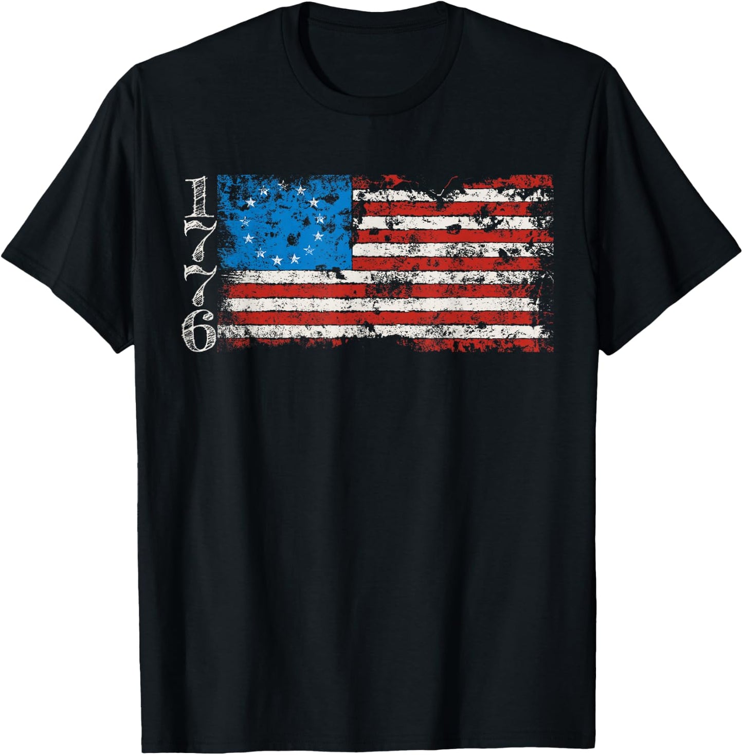 Betsy Ross 1776 13 Stars Distressed USA Patriotic Flag T-Shirt - T-Shirt | Black